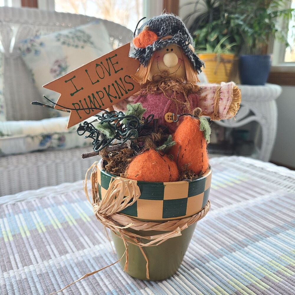 Scarecrow "I Love Pumpkins" Flowerpot Harvest Decoration Fall Autumn Halloween
